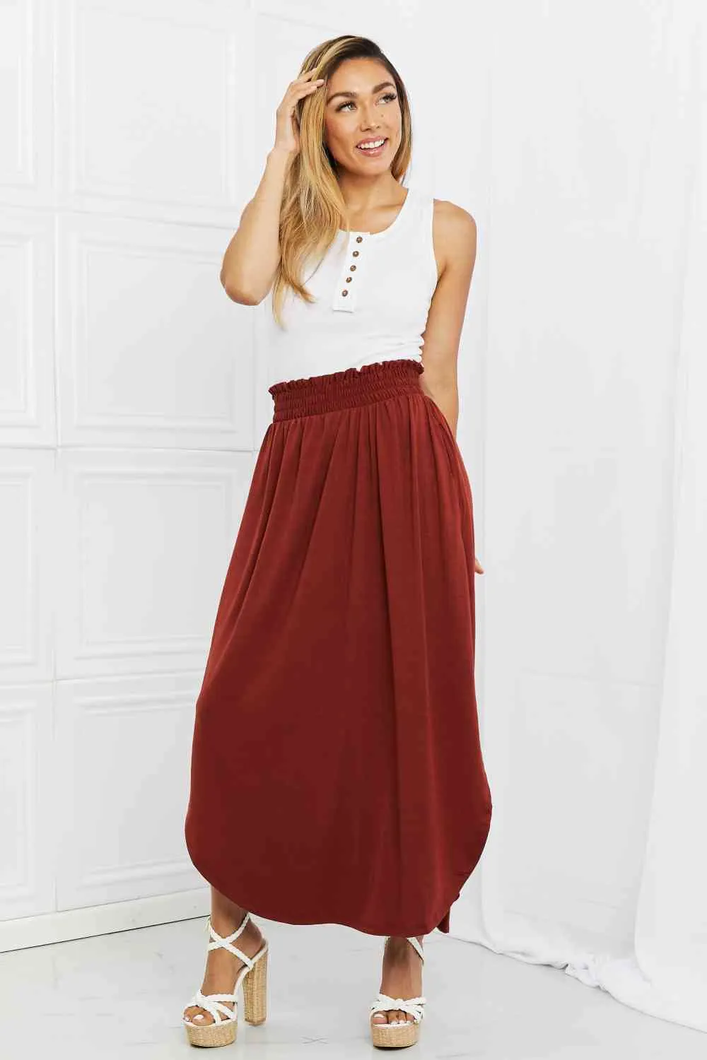 It's My Time Full Size Side Scoop Scrunch Skirt in Dark Rust