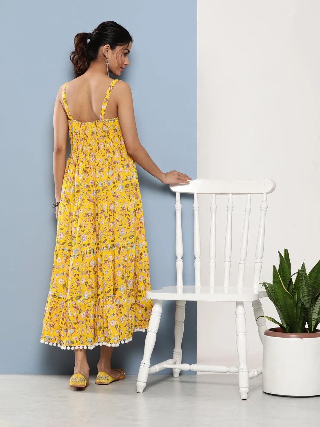 Jashvi Yellow Floral Shoulder Strip Long Dress