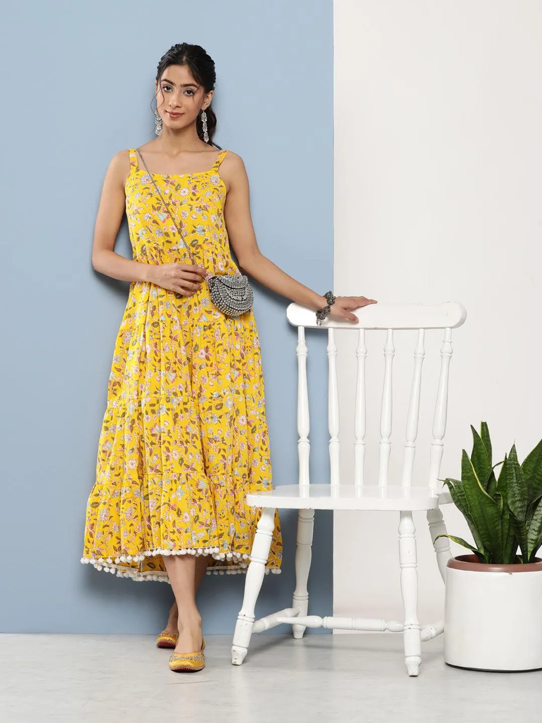 Jashvi Yellow Floral Shoulder Strip Long Dress