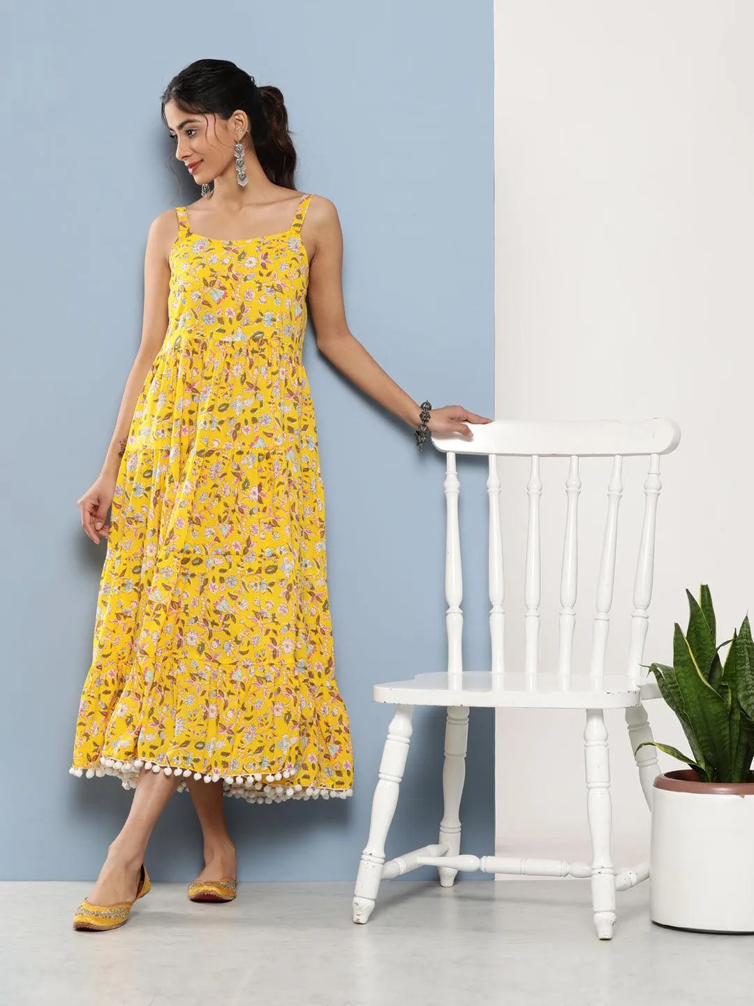 Jashvi Yellow Floral Shoulder Strip Long Dress