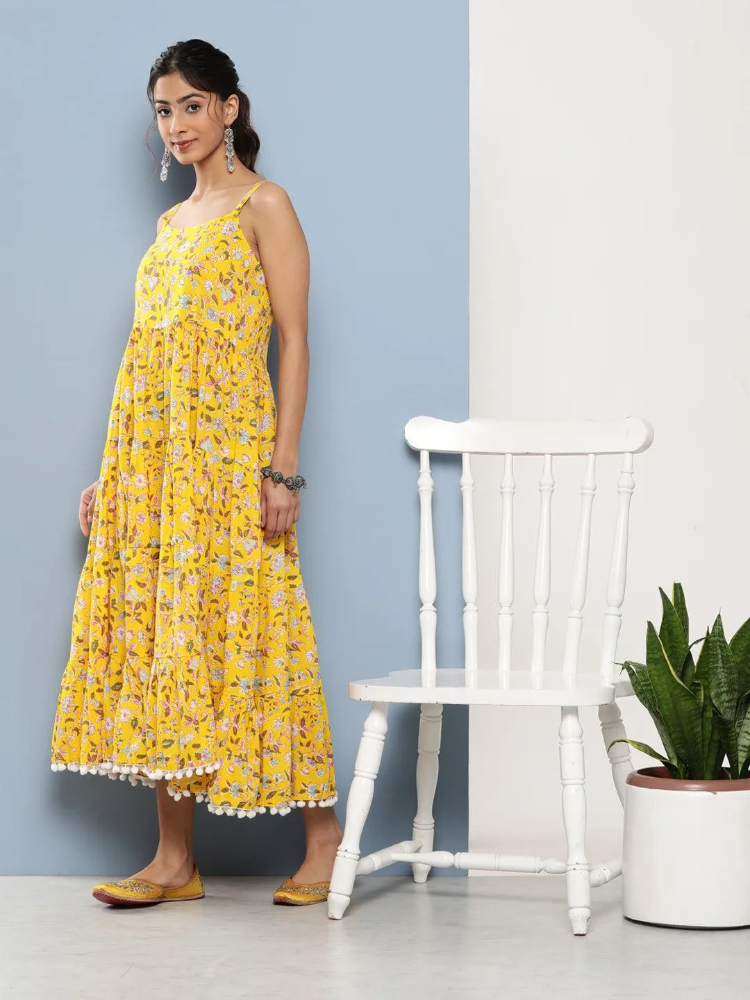 Jashvi Yellow Floral Shoulder Strip Long Dress