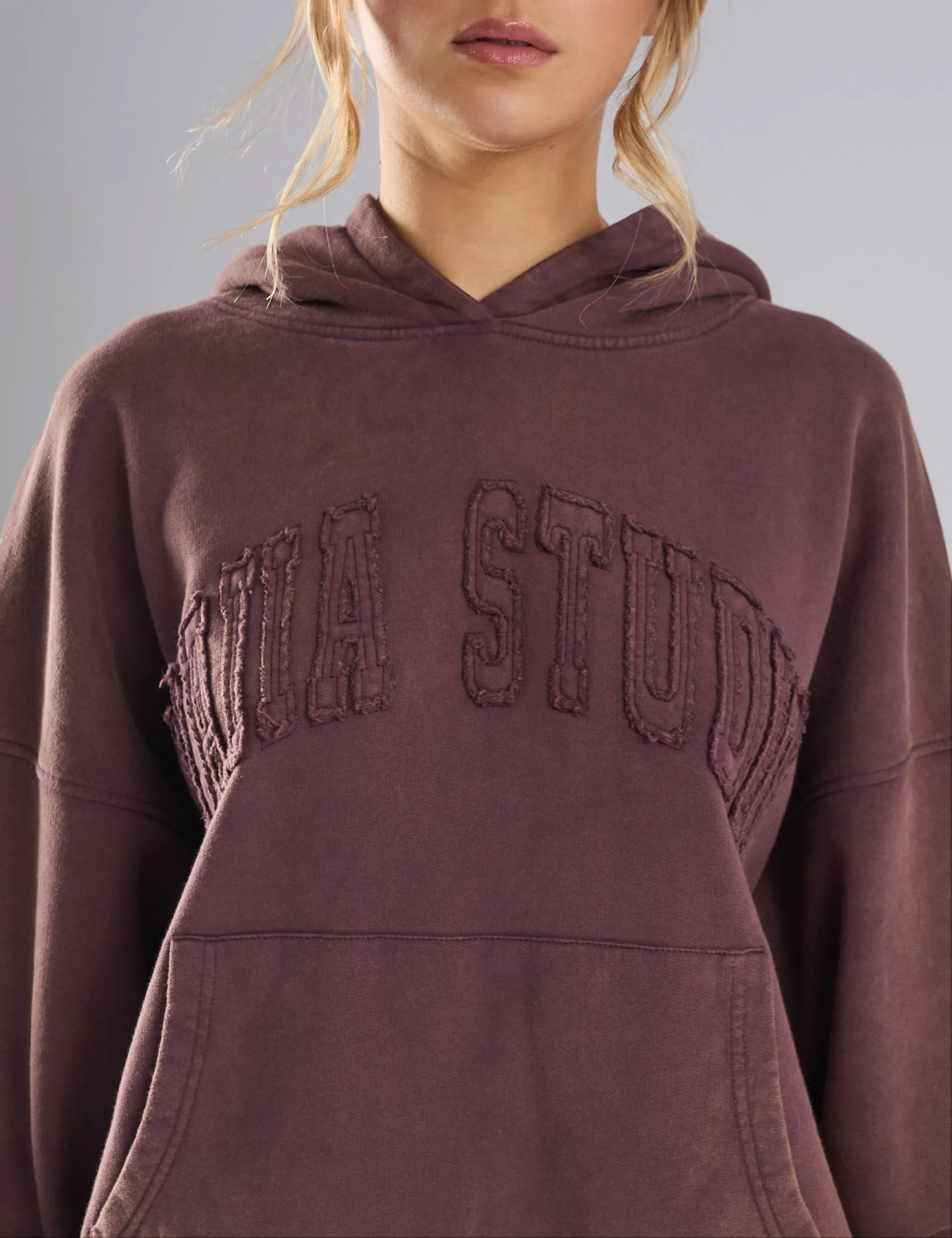 Kaiia Studio Distressed Applique Hoodie Plum