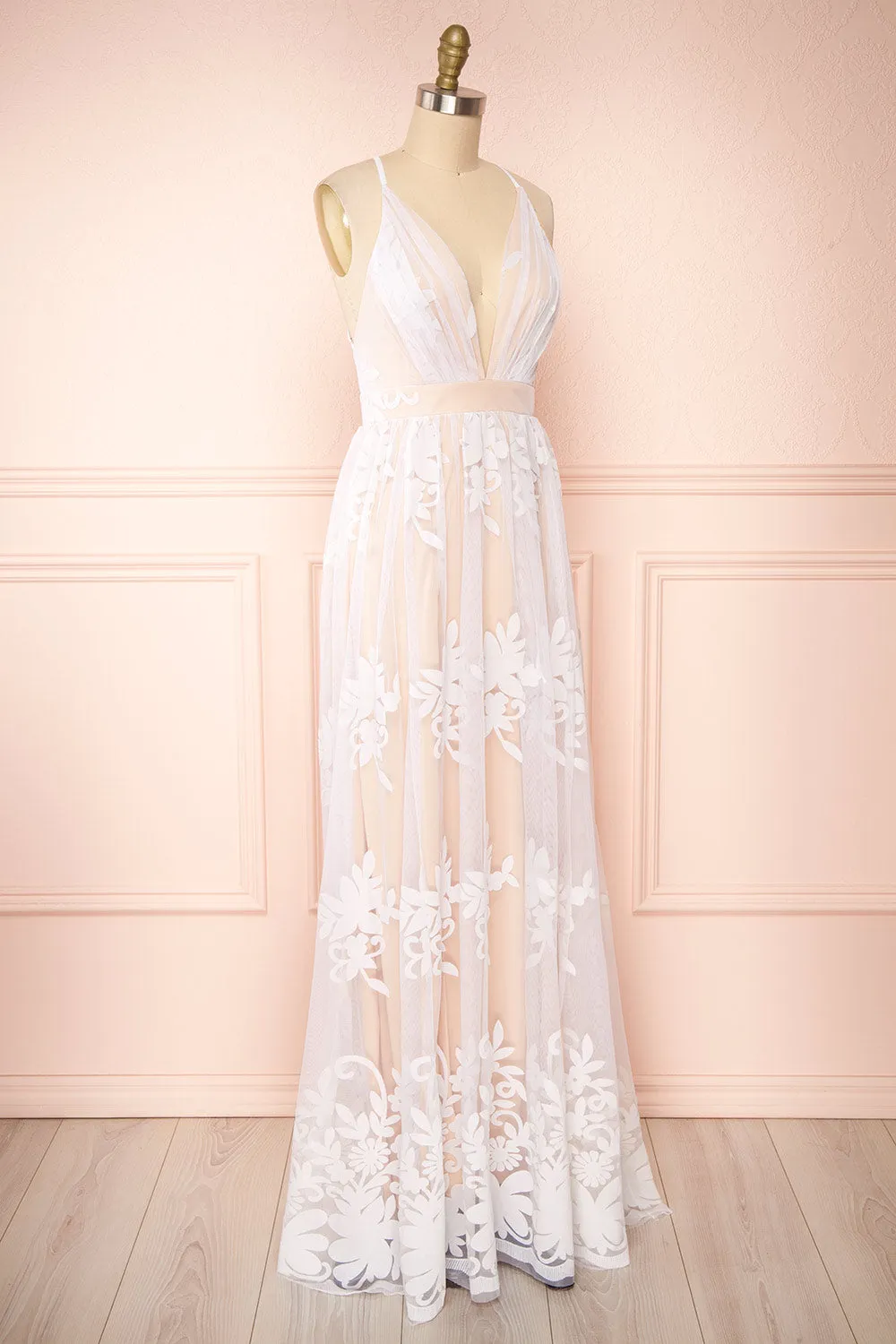 Kailania Day | White Plunging Neckline Mesh Maxi Gown