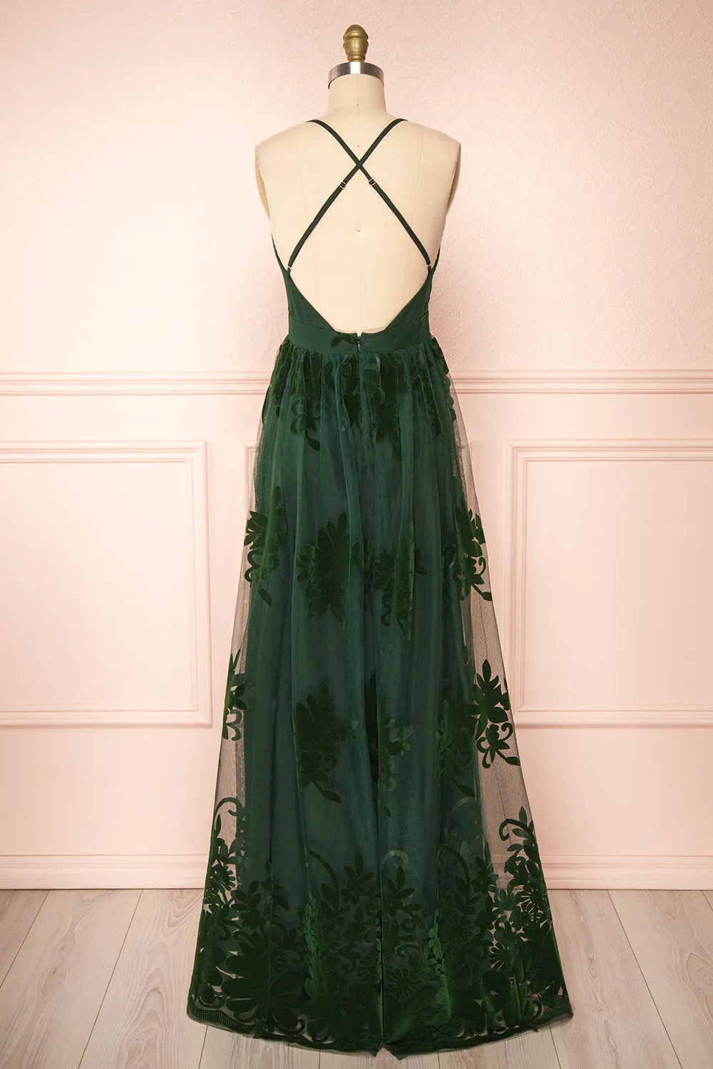 Kailania Green | Plunging Neckline Mesh Maxi Gown