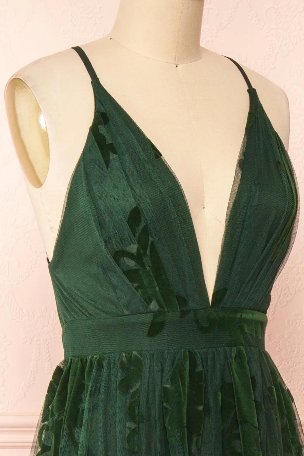 Kailania Green | Plunging Neckline Mesh Maxi Gown