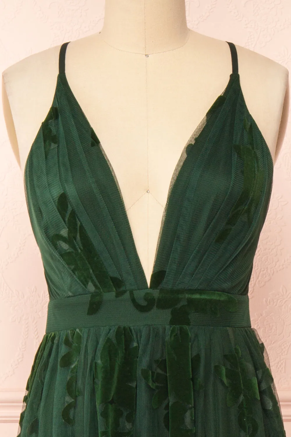 Kailania Green | Plunging Neckline Mesh Maxi Gown