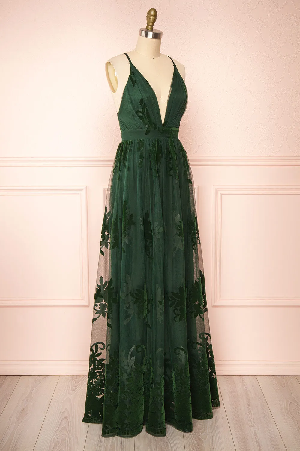 Kailania Green | Plunging Neckline Mesh Maxi Gown