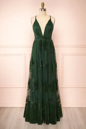 Kailania Green | Plunging Neckline Mesh Maxi Gown