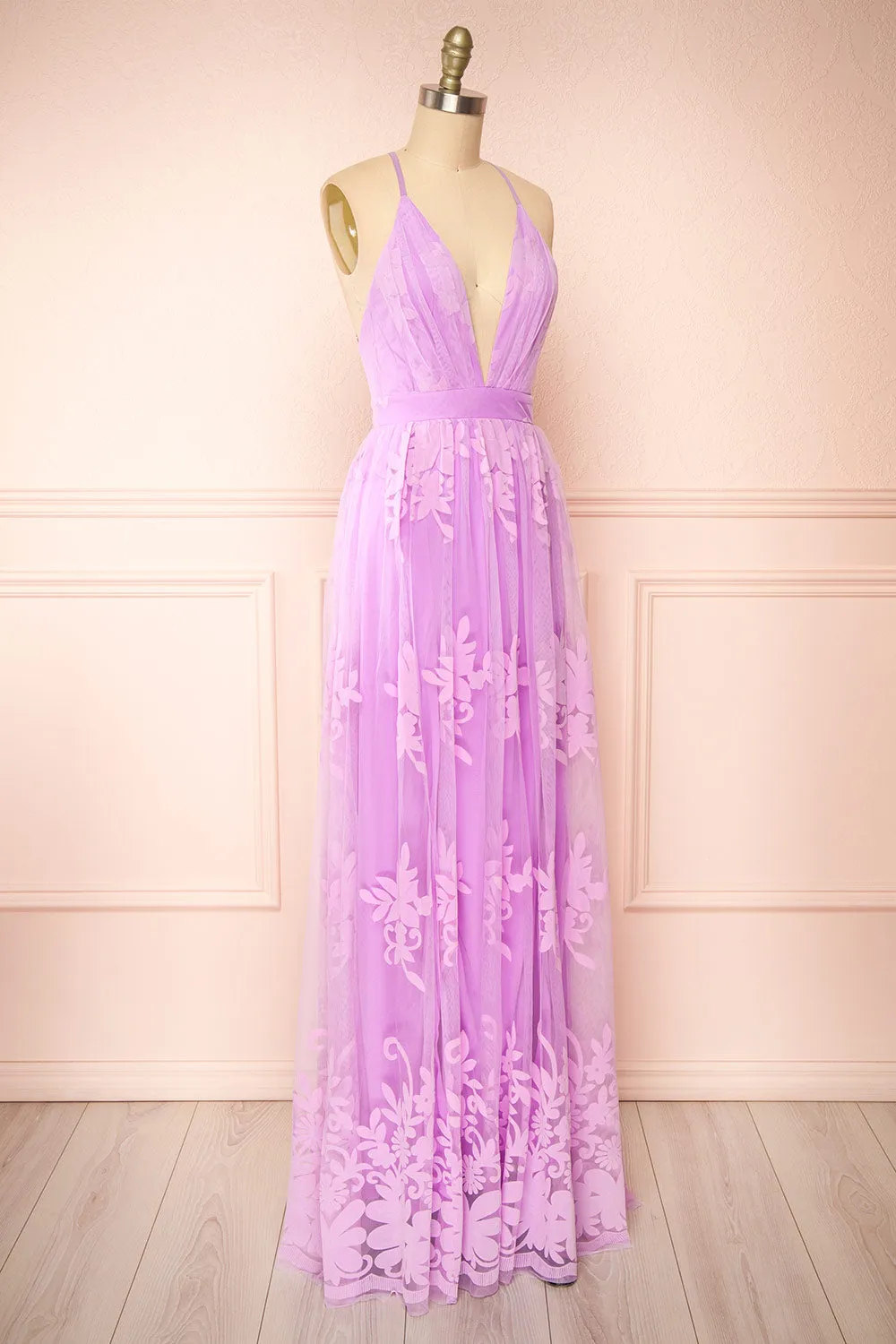 Kailania Lavender | Plunging Neckline Mesh Maxi Gown