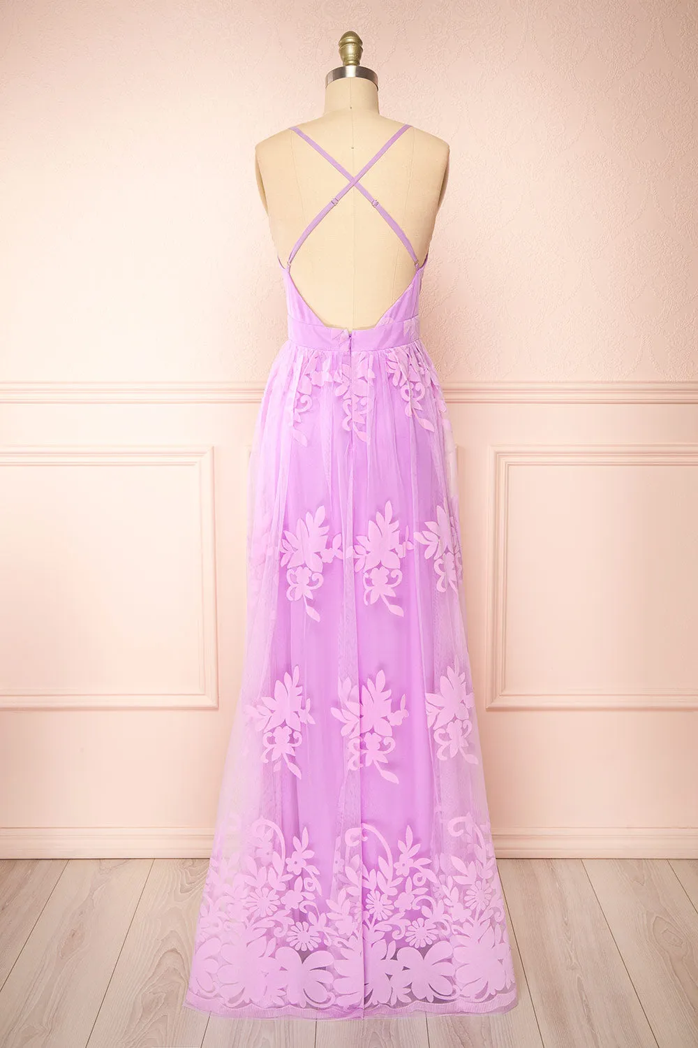 Kailania Lavender | Plunging Neckline Mesh Maxi Gown