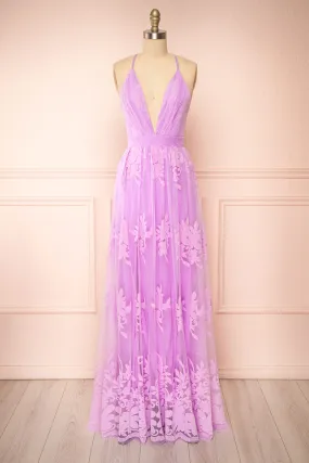 Kailania Lavender | Plunging Neckline Mesh Maxi Gown