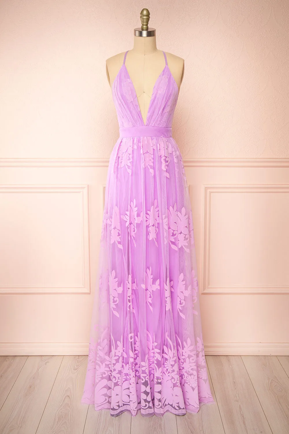 Kailania Lavender | Plunging Neckline Mesh Maxi Gown