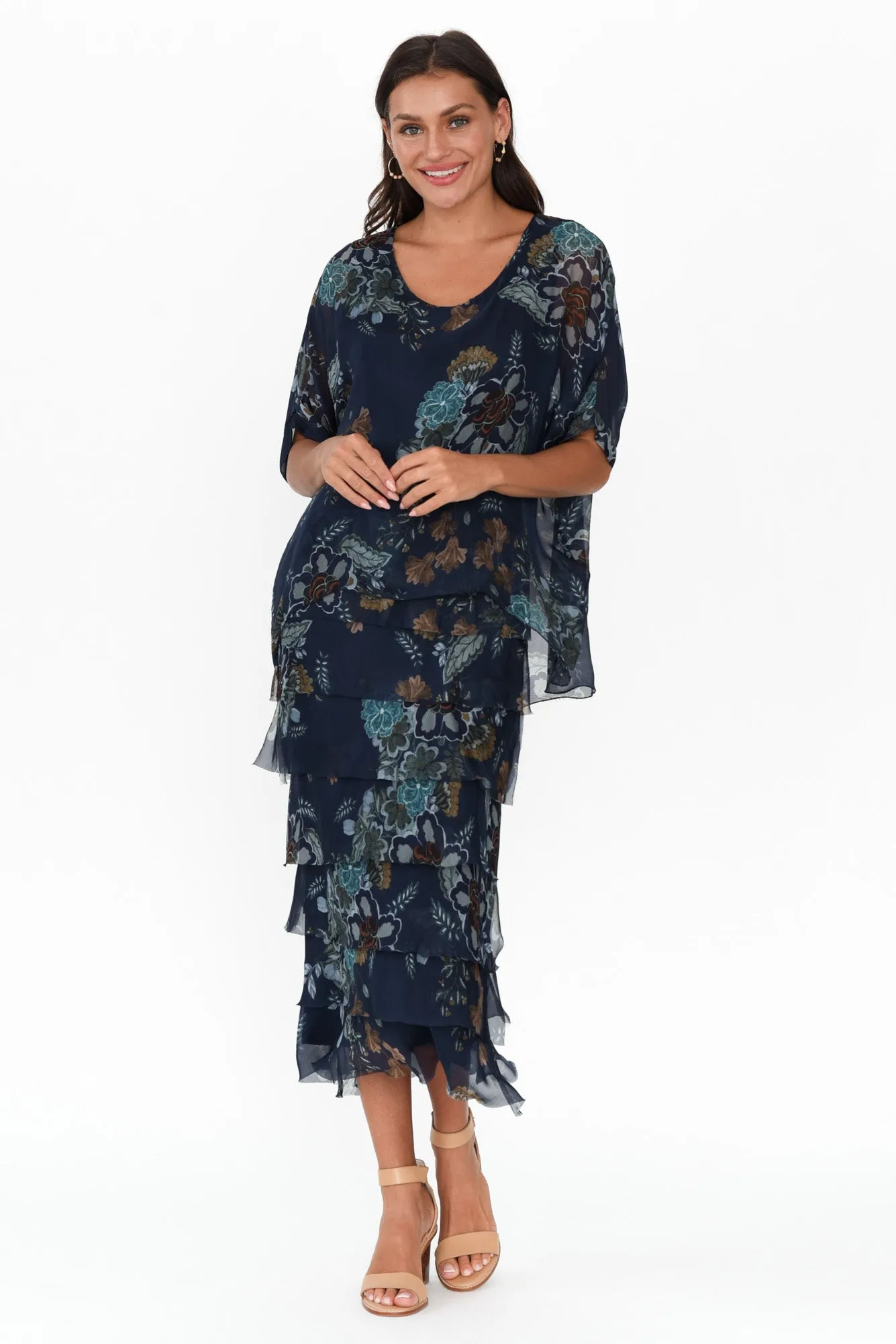 Katerina Navy Flower Silk Overlay Maxi Dress