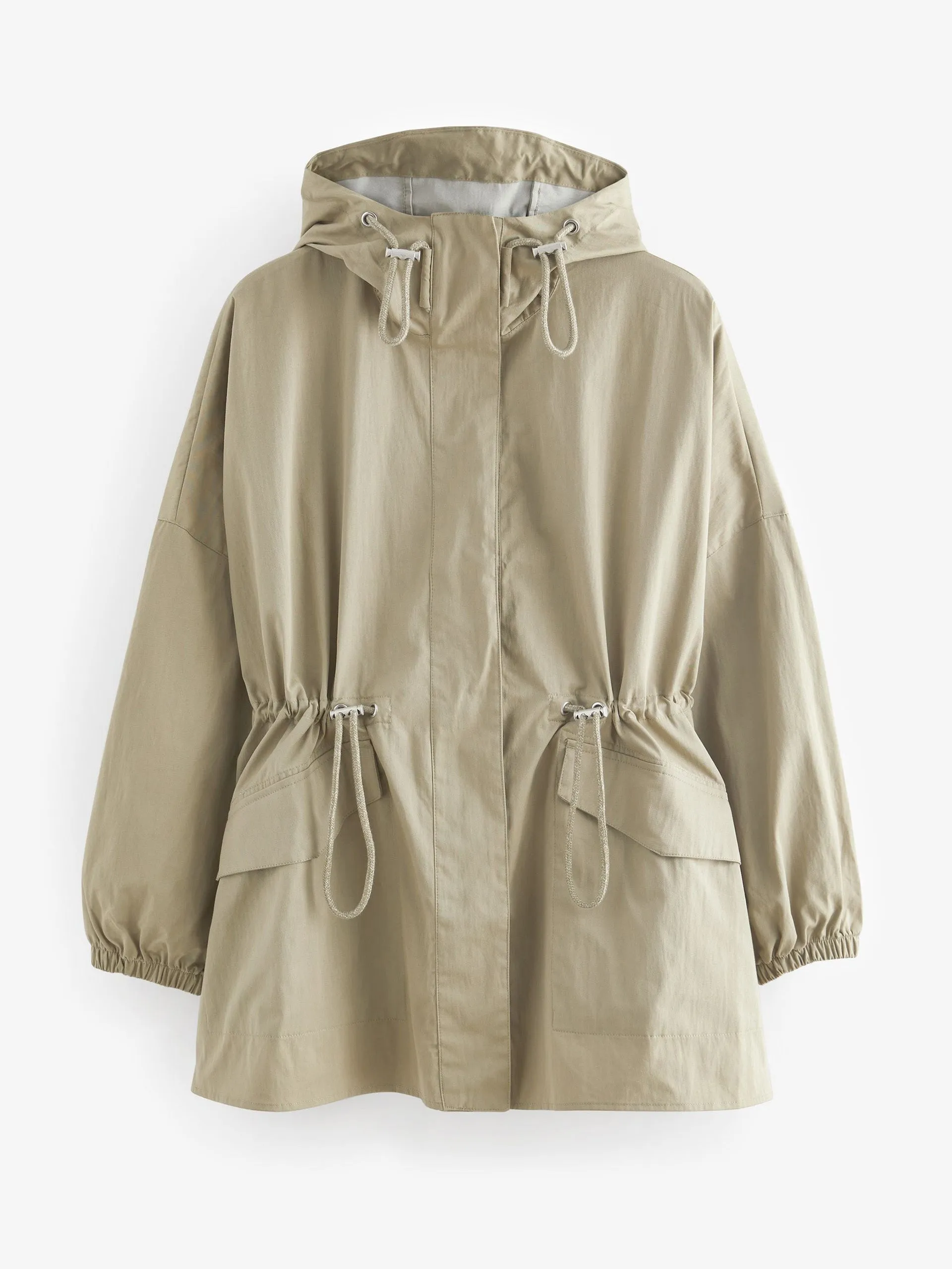 Khaki green shower resistant waisted raincoat