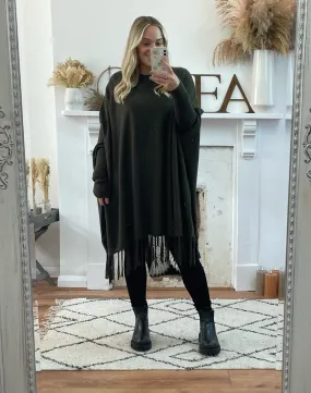 Khaki Oversized Tassel Edge Luxe Jumper