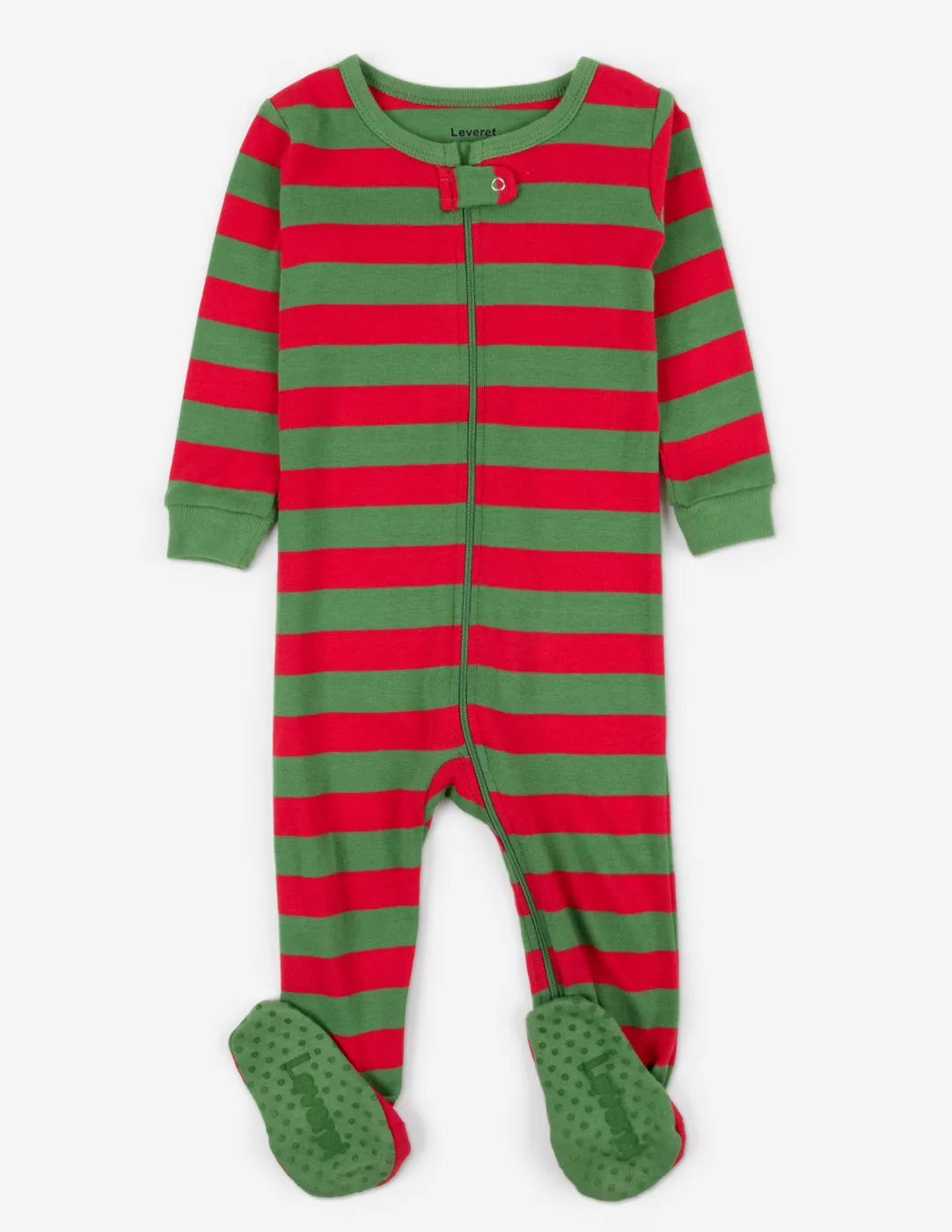 Kid's Footed Cotton Red & Green Stripes Pajamas