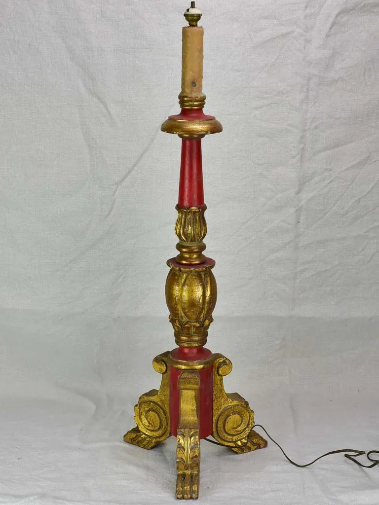 Large antique French candlestick lamp base with claw feet - red and gold 29½"