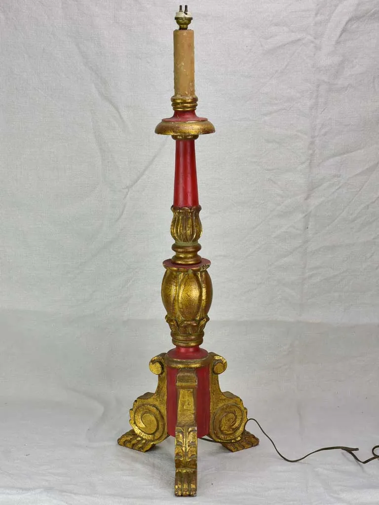 Large antique French candlestick lamp base with claw feet - red and gold 29½"