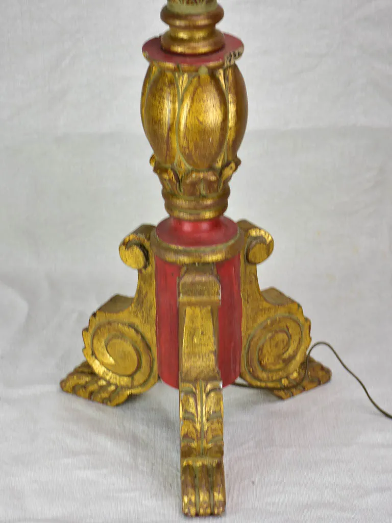 Large antique French candlestick lamp base with claw feet - red and gold 29½"