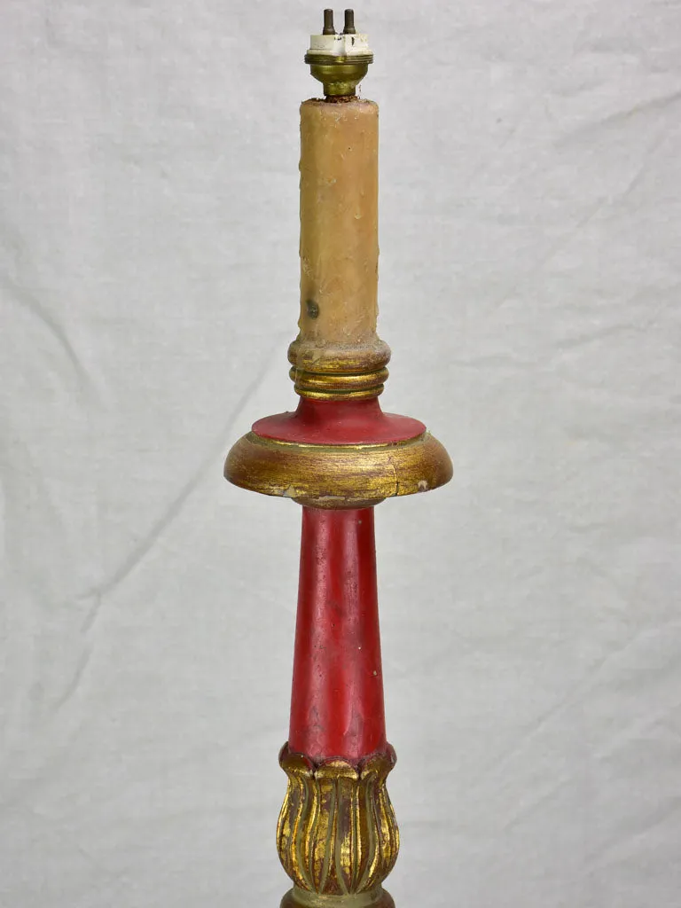 Large antique French candlestick lamp base with claw feet - red and gold 29½"