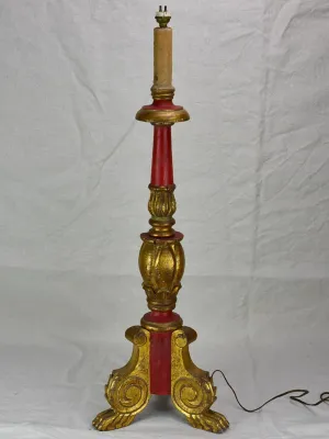 Large antique French candlestick lamp base with claw feet - red and gold 29½"