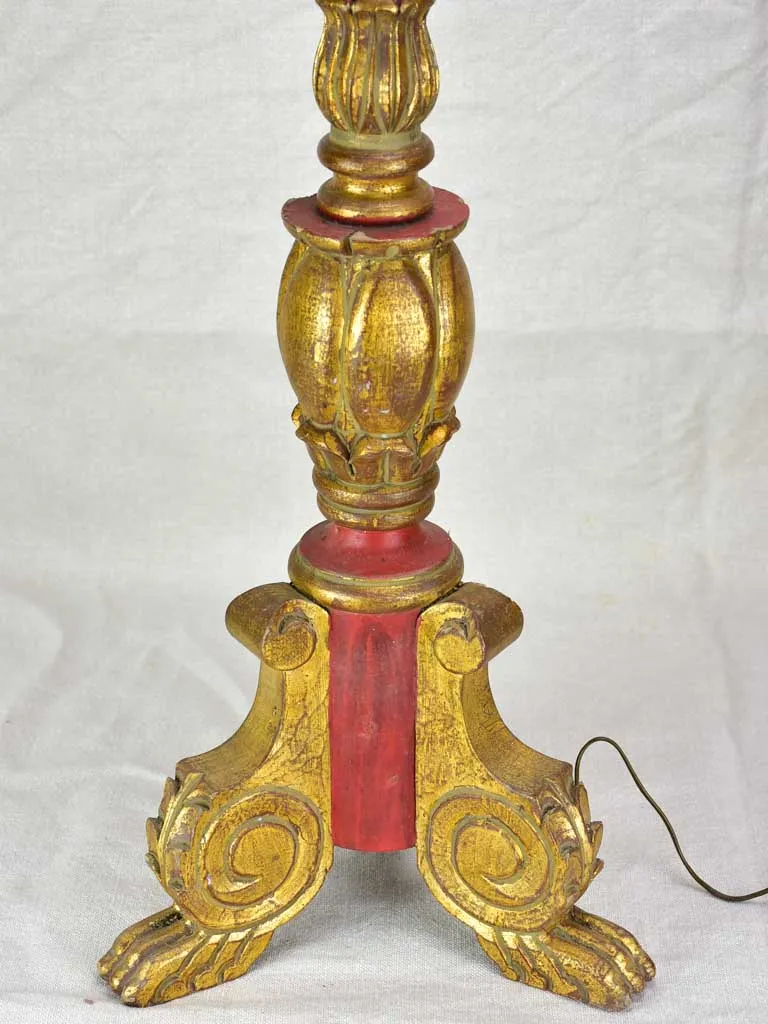 Large antique French candlestick lamp base with claw feet - red and gold 29½"