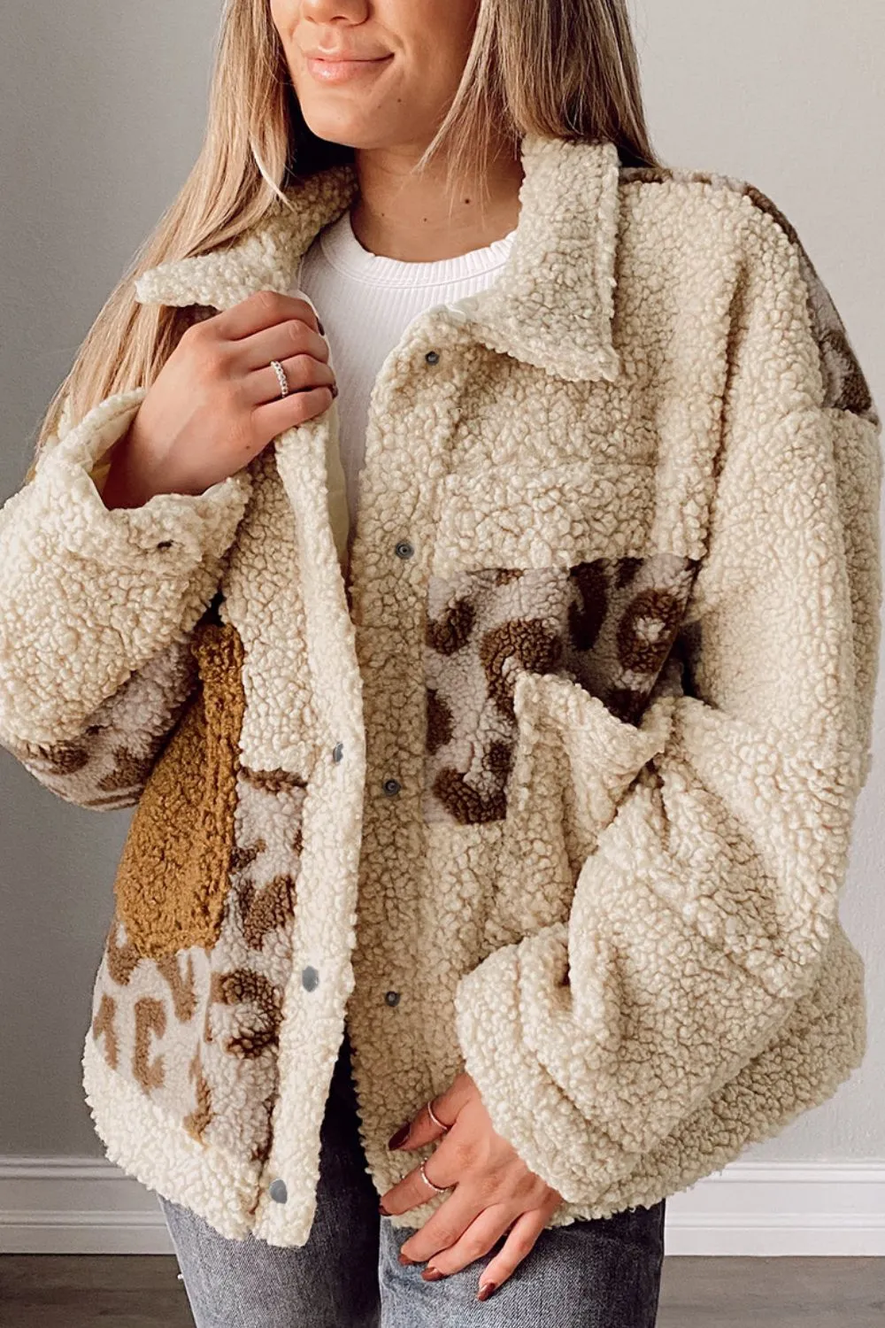 Leopard Collared Neck Sherpa Jacket