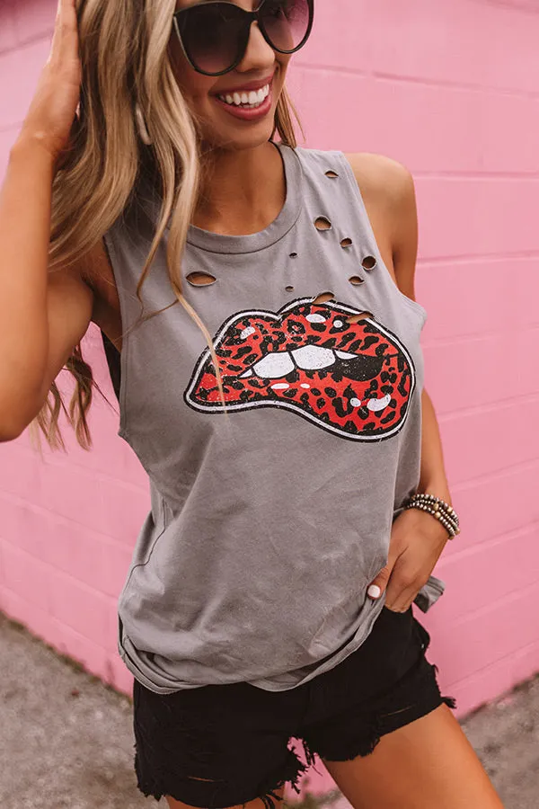 Leopard Lips Distressed Boyfriend Tank In Grey