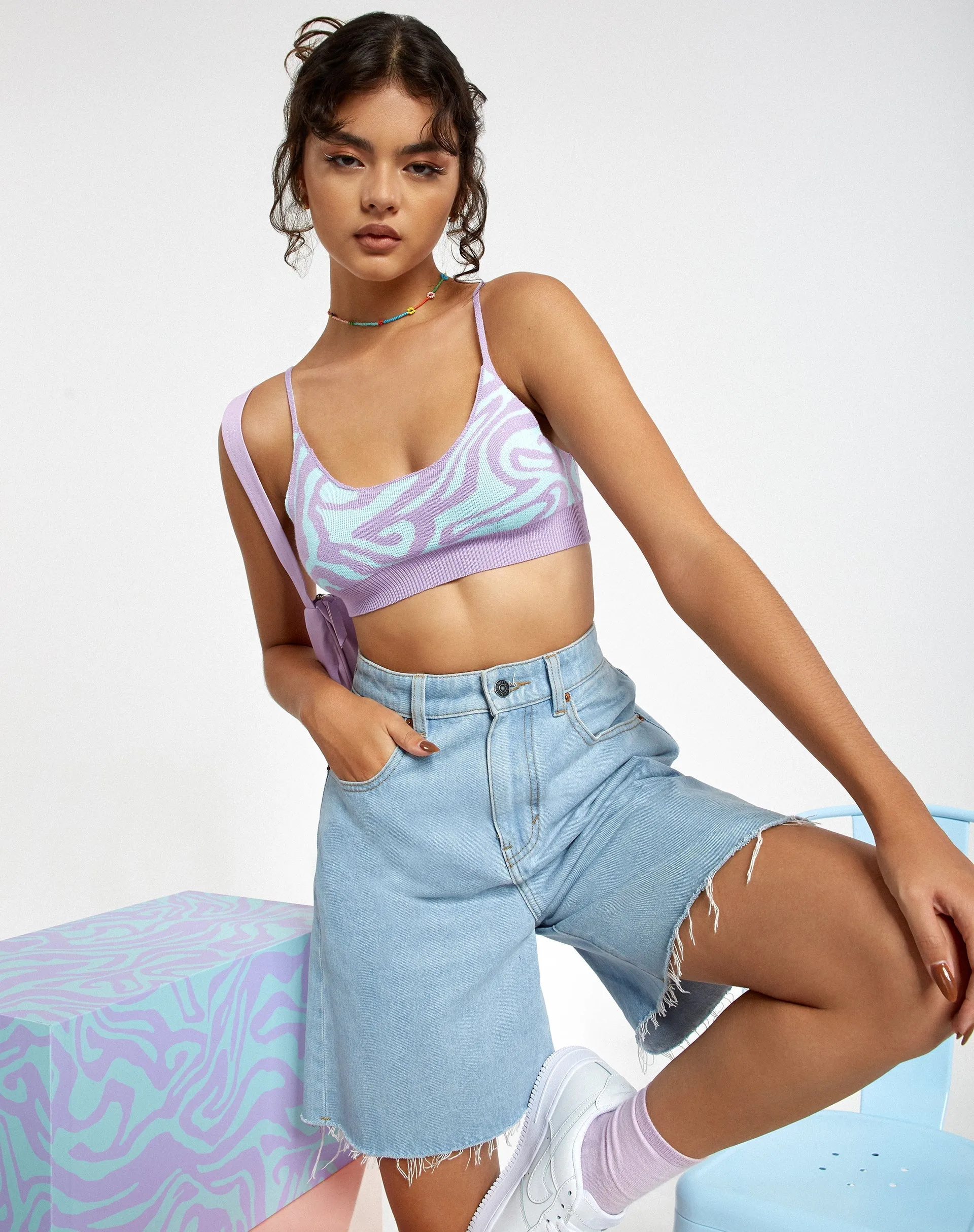 Lian Crop Top in Knit Jagged Swirl Lavender and Mint