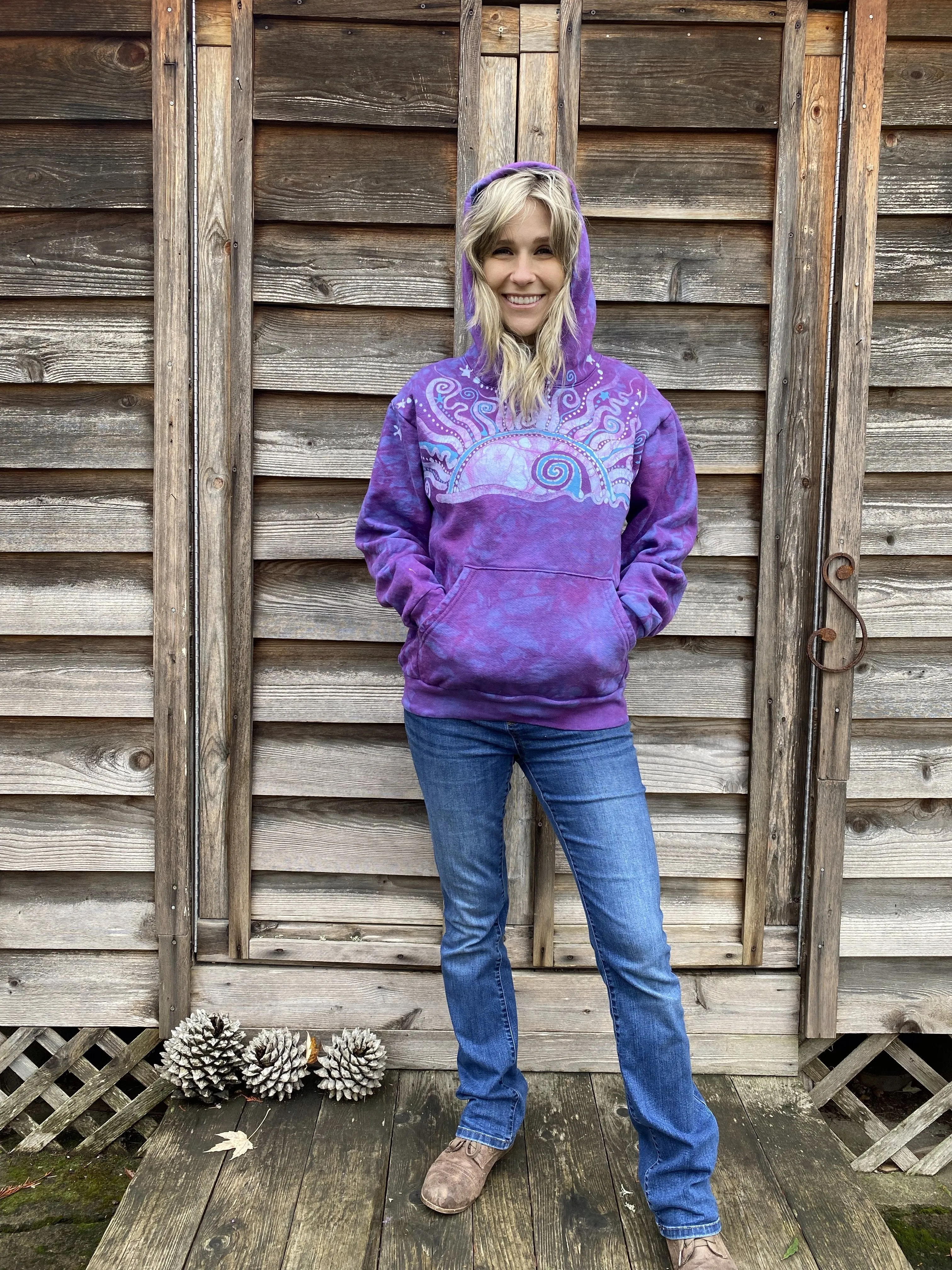 Light Blue Purple Sunset - Handcrafted Batik Pullover Hoodie - Size 2X