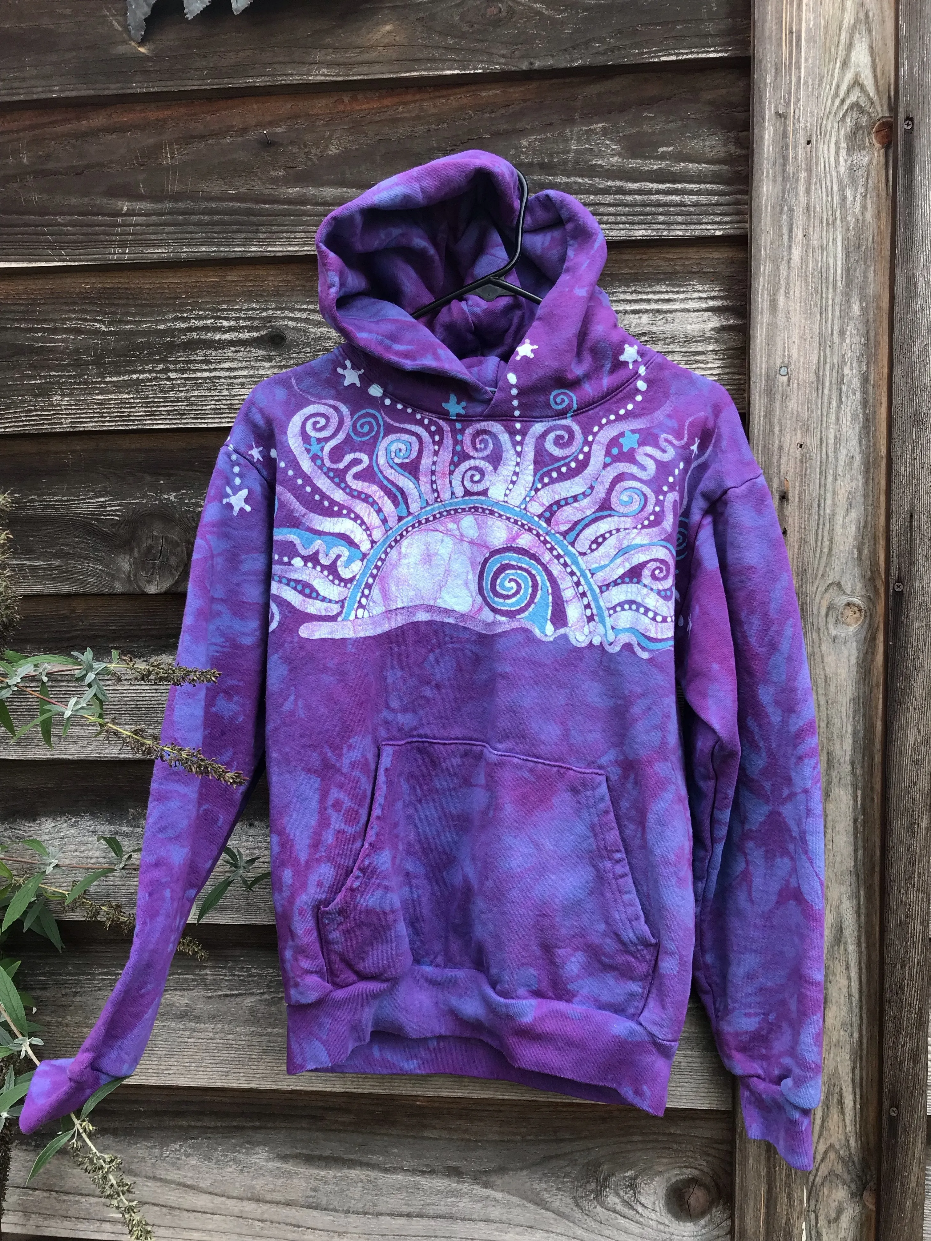 Light Blue Purple Sunset - Handcrafted Batik Pullover Hoodie - Size 2X