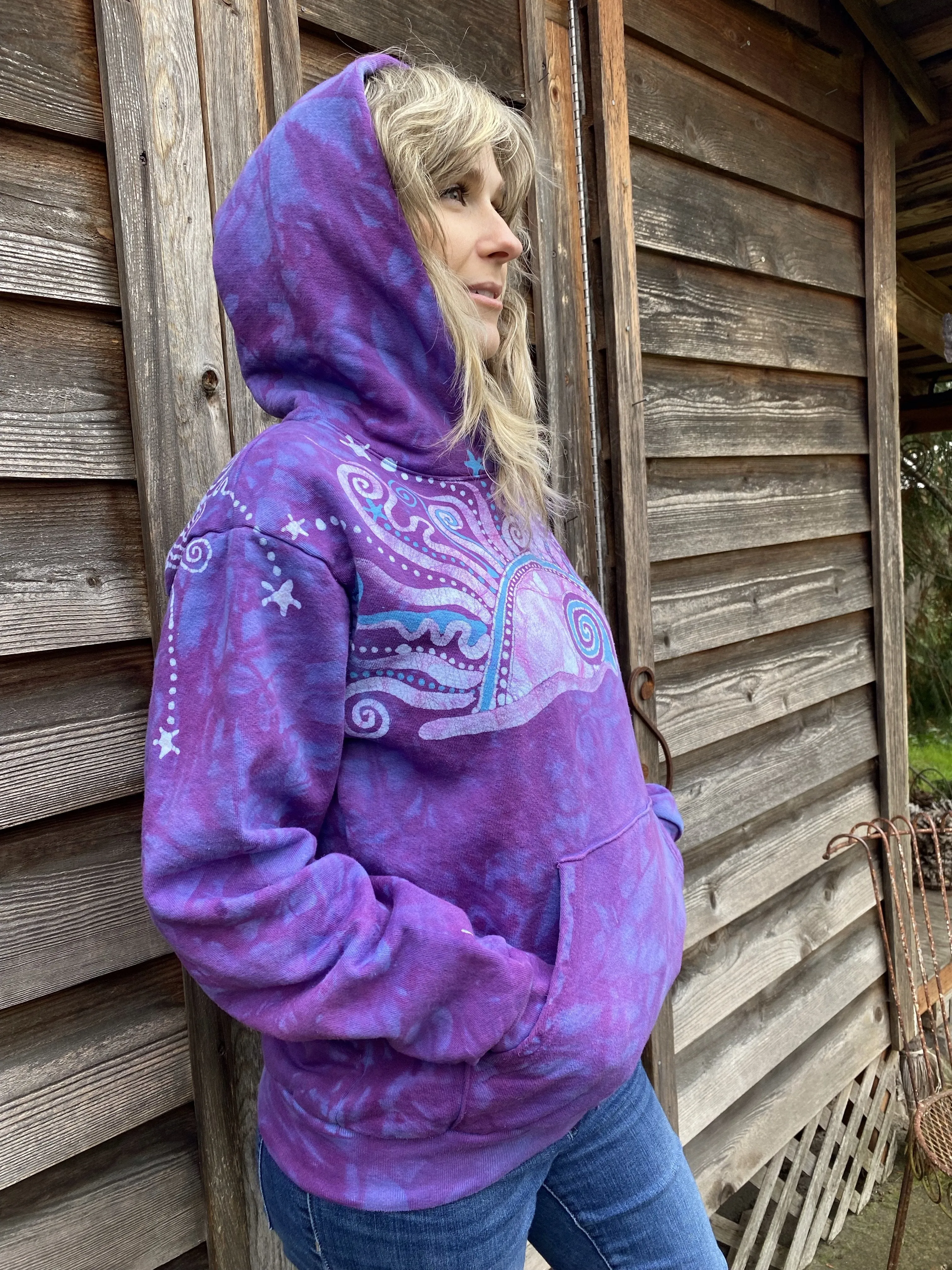 Light Blue Purple Sunset - Handcrafted Batik Pullover Hoodie - Size 2X