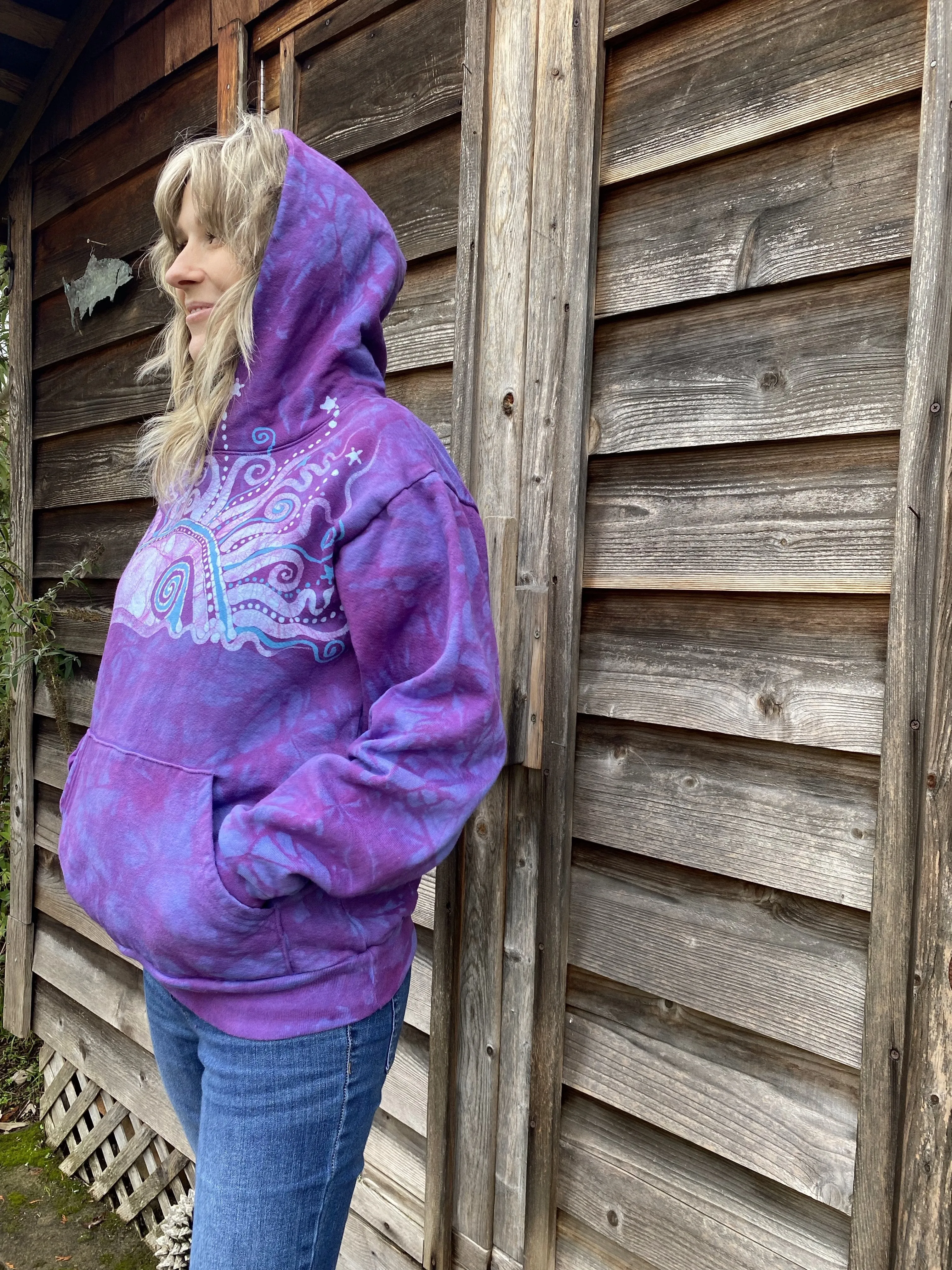 Light Blue Purple Sunset - Handcrafted Batik Pullover Hoodie - Size 2X