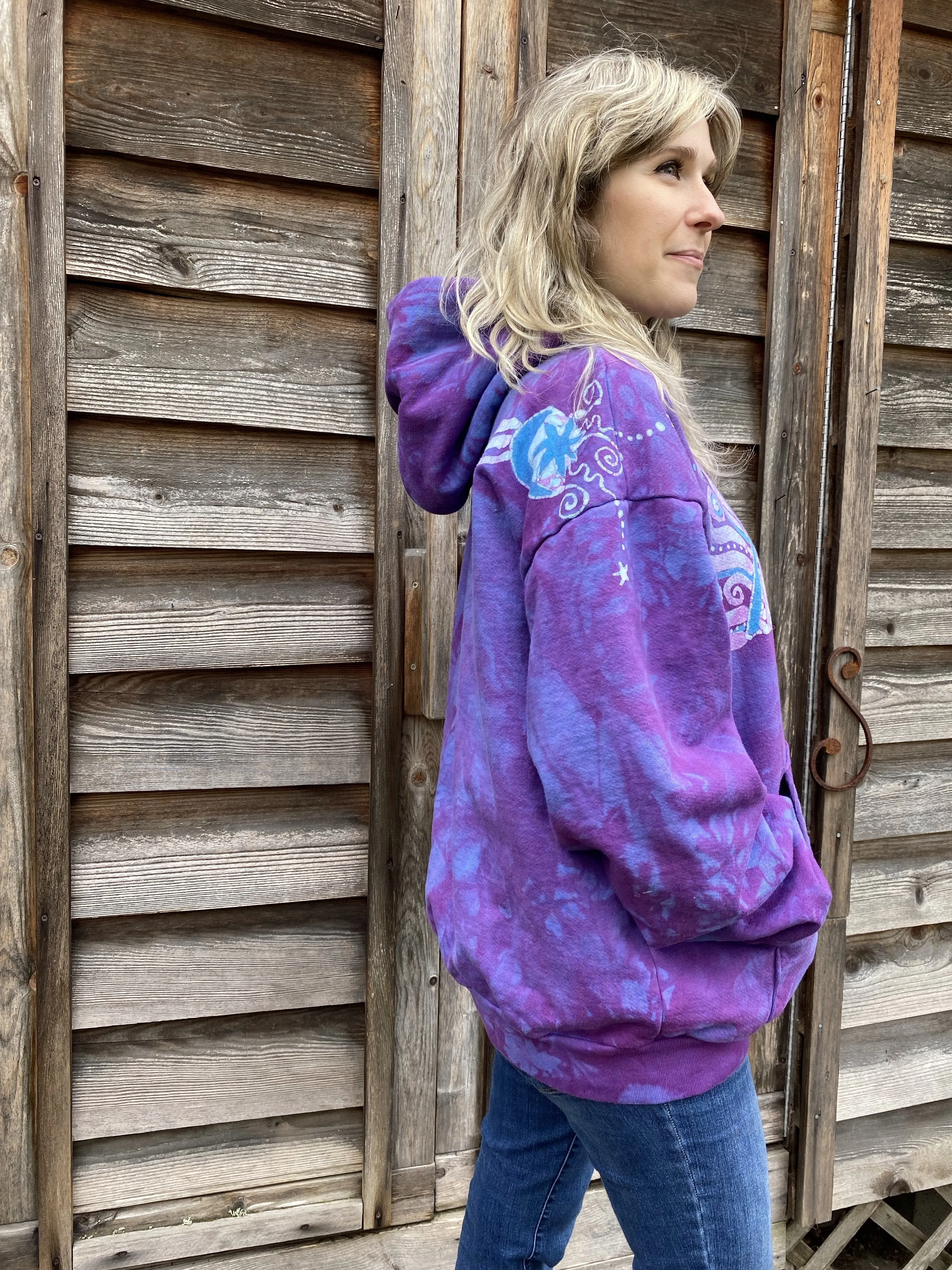 Light Blue Purple Sunset - Handcrafted Batik Pullover Hoodie - Size 2X