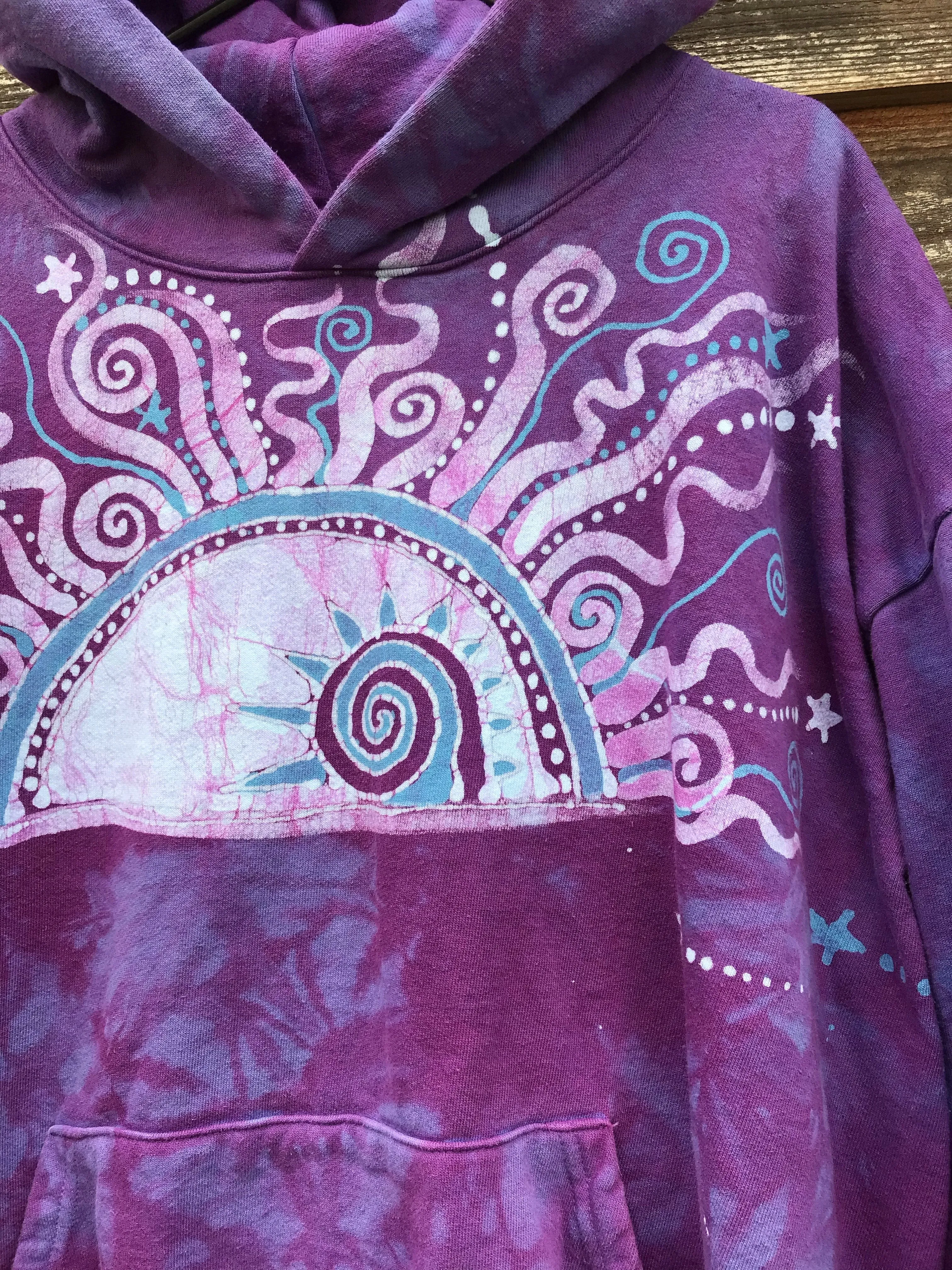 Light Blue Purple Sunset - Handcrafted Batik Pullover Hoodie - Size 2X