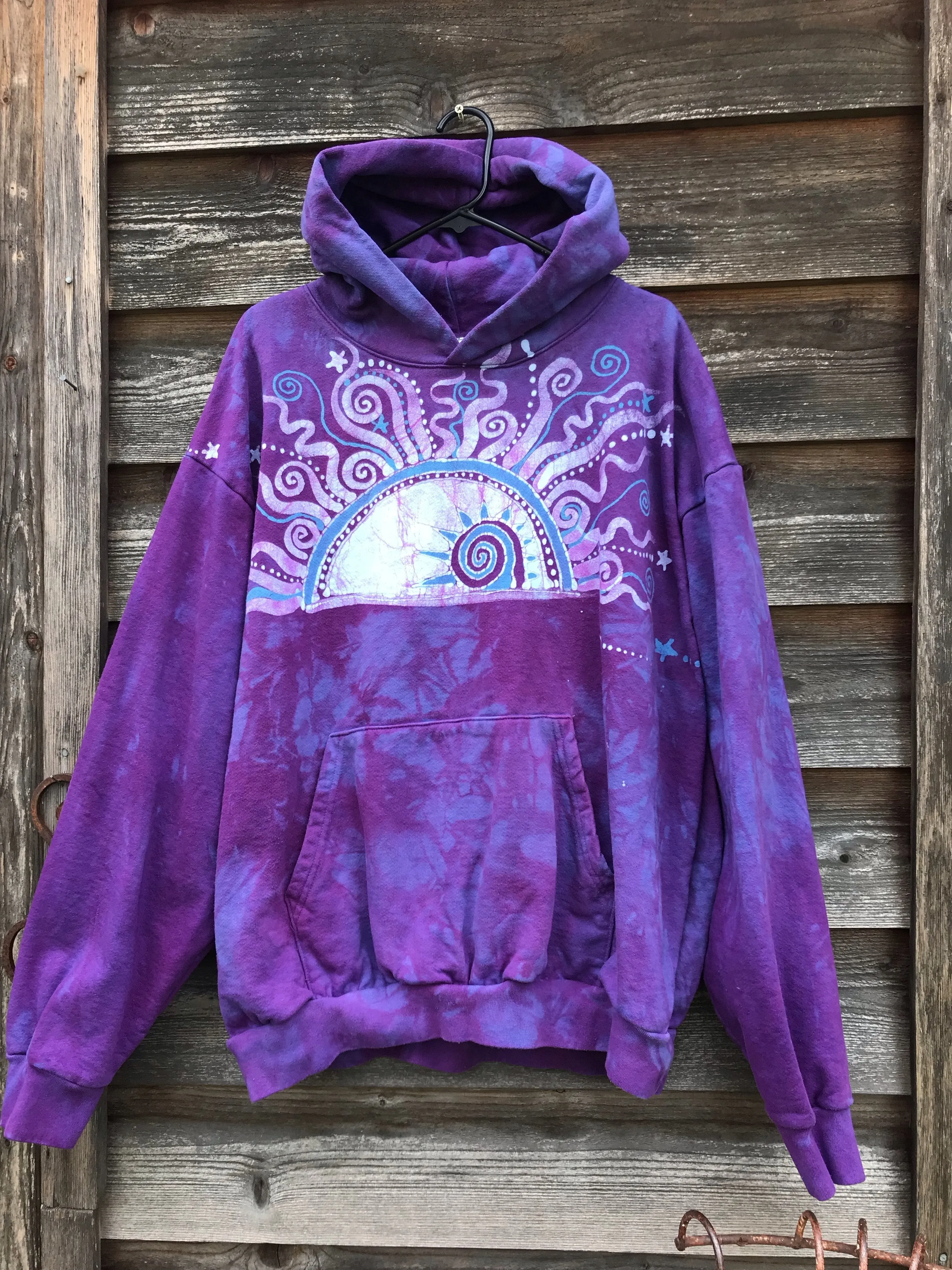 Light Blue Purple Sunset - Handcrafted Batik Pullover Hoodie - Size 2X