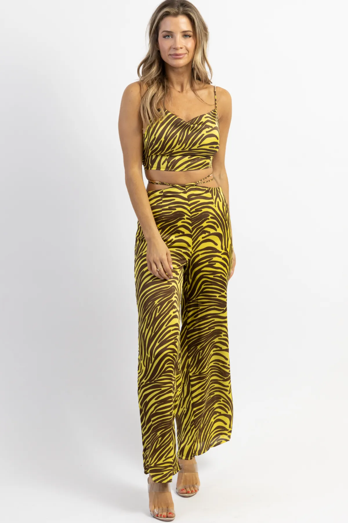 LIME   BROWN ZEBRA WIDE LEG PANT SET