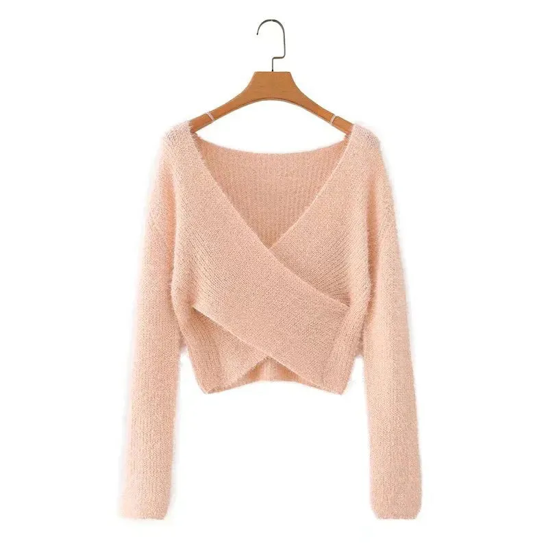 Loose-fitting Knitted V-Neck Cropped Top Sweater