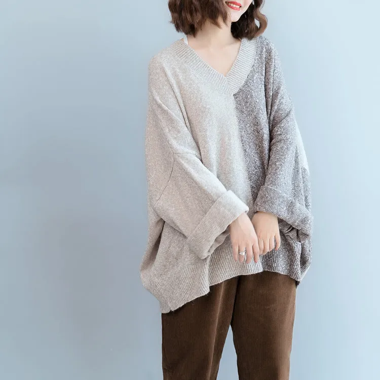 Loose V Neck Plus Size Matching Color Sweater Women