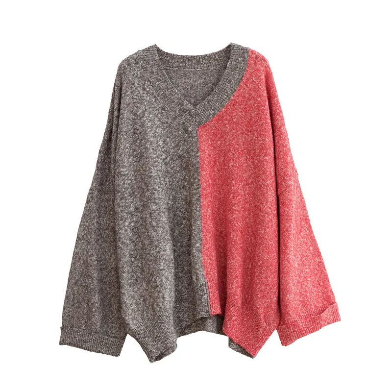 Loose V Neck Plus Size Matching Color Sweater Women