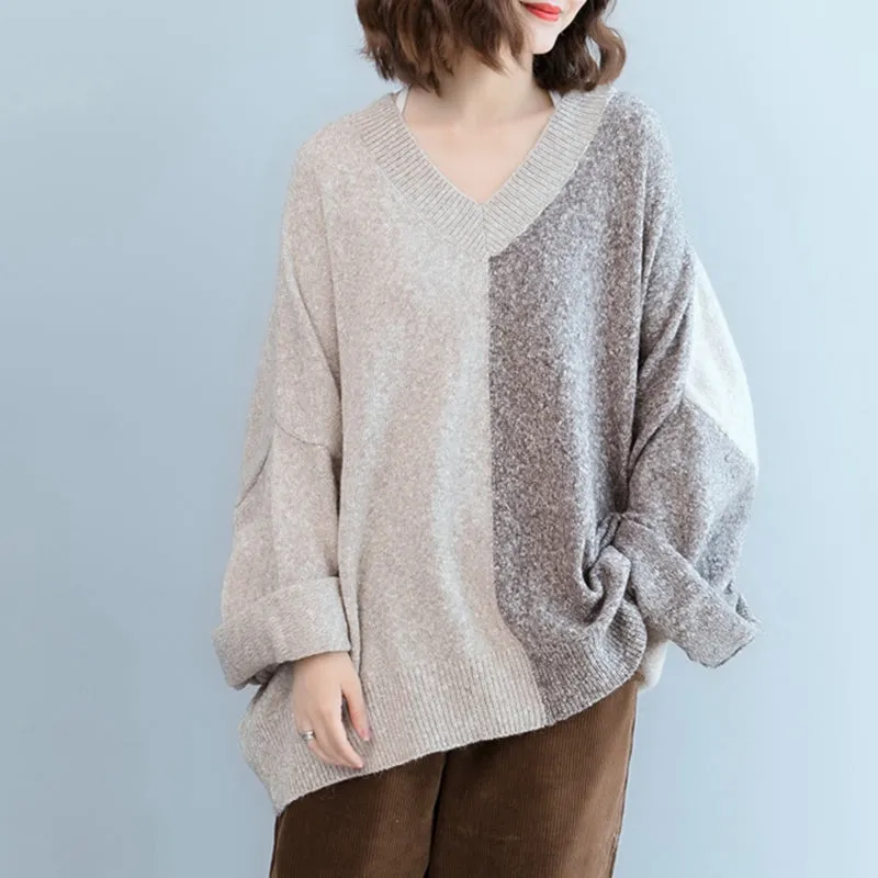 Loose V Neck Plus Size Matching Color Sweater Women