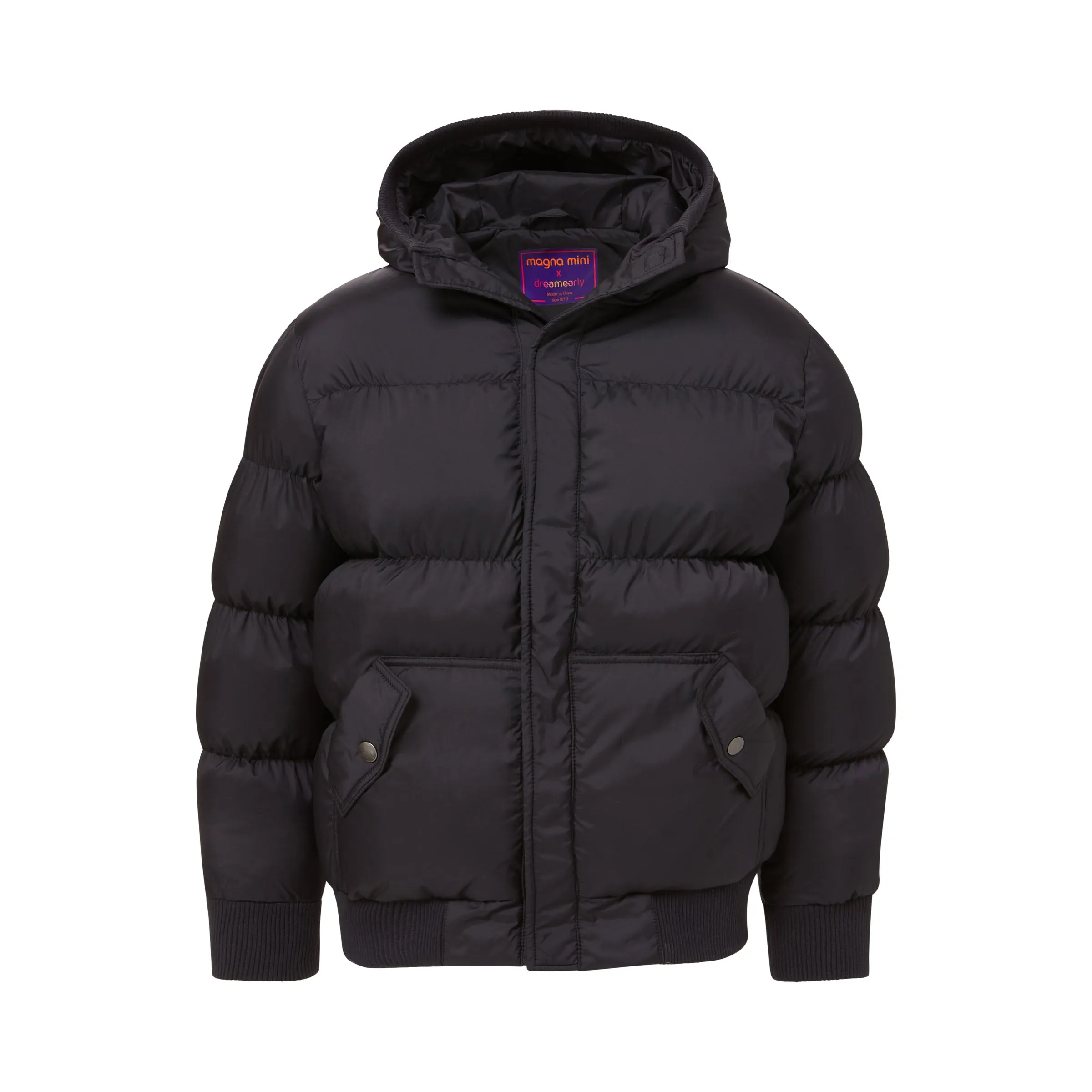 MagnaMini Kids Magnetic Front Water-Resistant Puffer Coat with Hood in Black