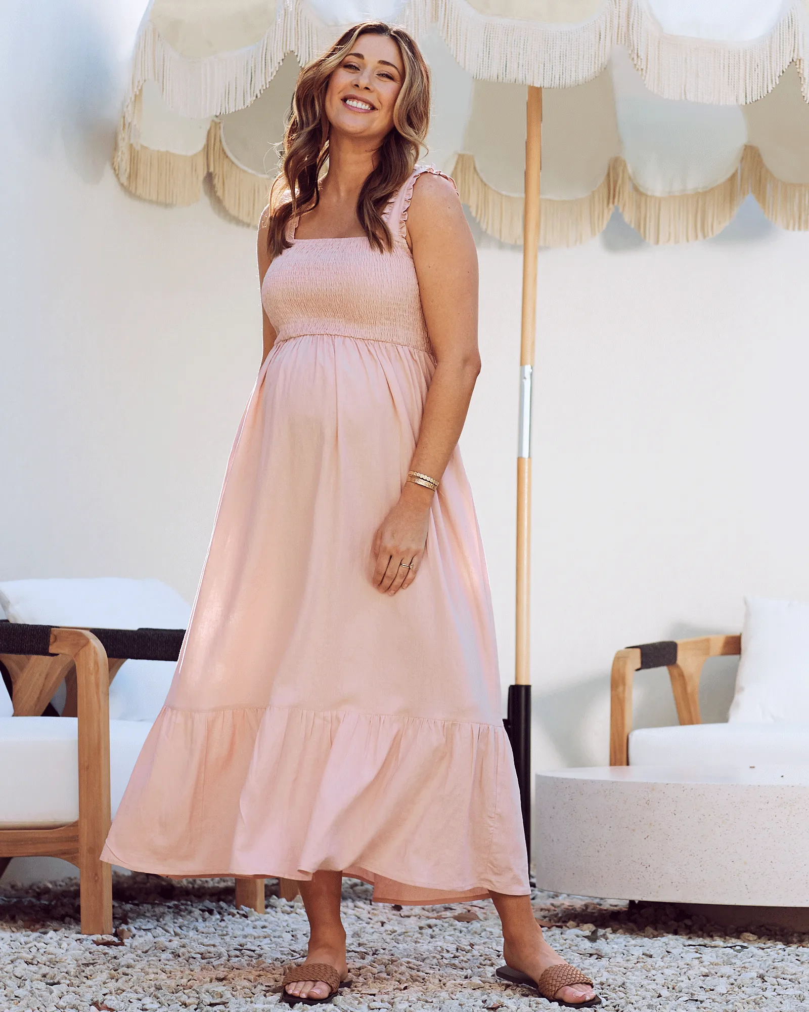 Margot Maternity Shirred Dress in Blush Pink