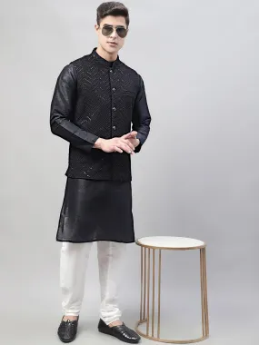 Men Black Solid Kurta Pyjama with  Black Embroidered Nehru Jacket