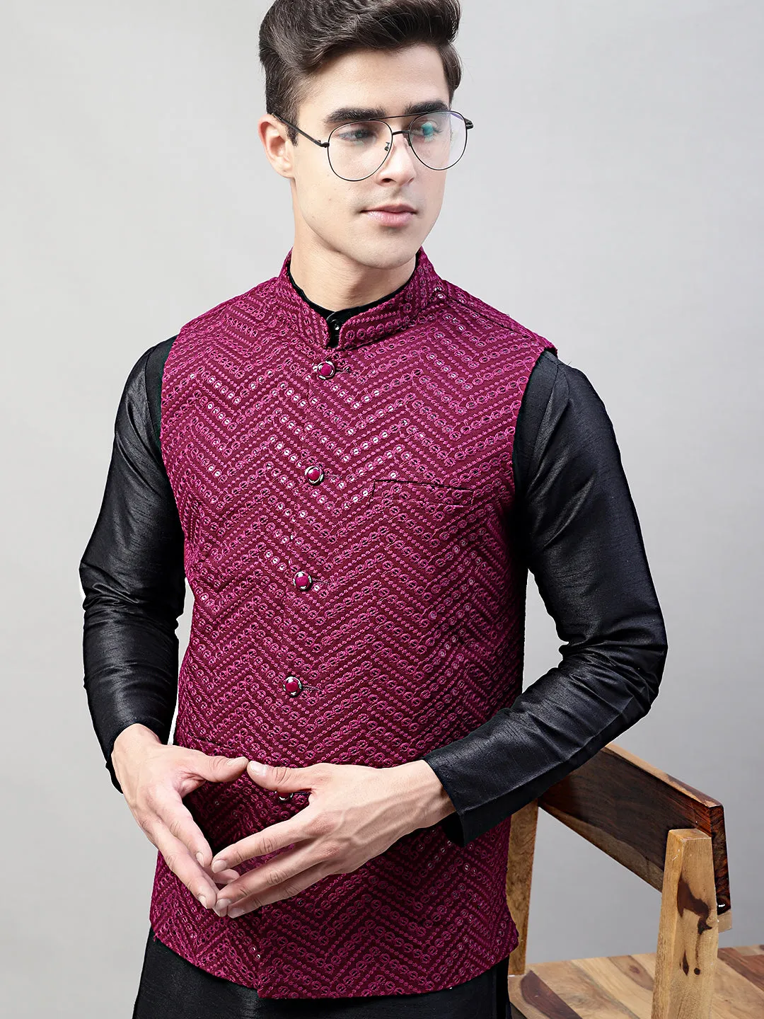 Men Black Solid Kurta Pyjama with  Purple Embroidered Nehru Jacket