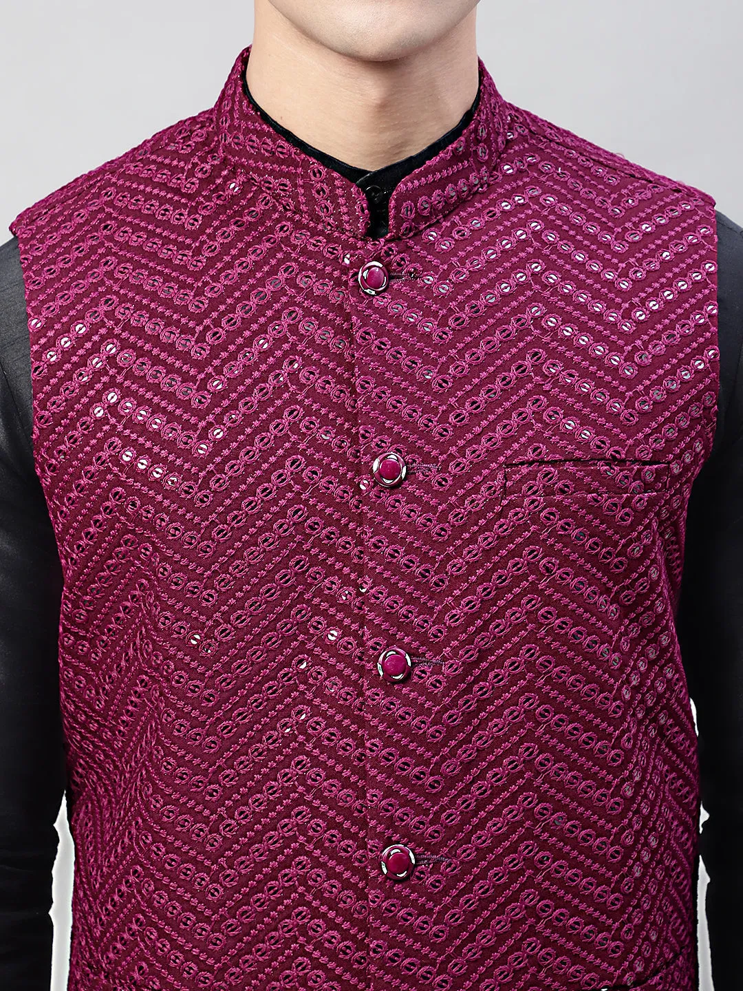 Men Black Solid Kurta Pyjama with  Purple Embroidered Nehru Jacket