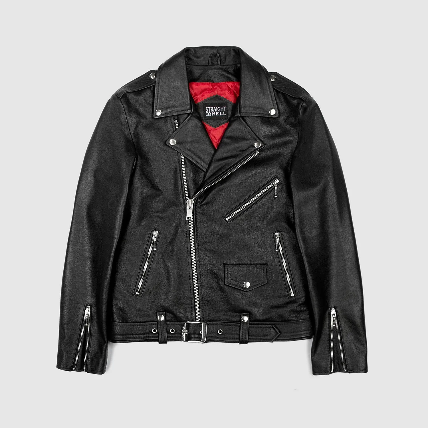 Men's Classic Fit Commando Leather Jacket - Black/Nickel W/ Red Lining