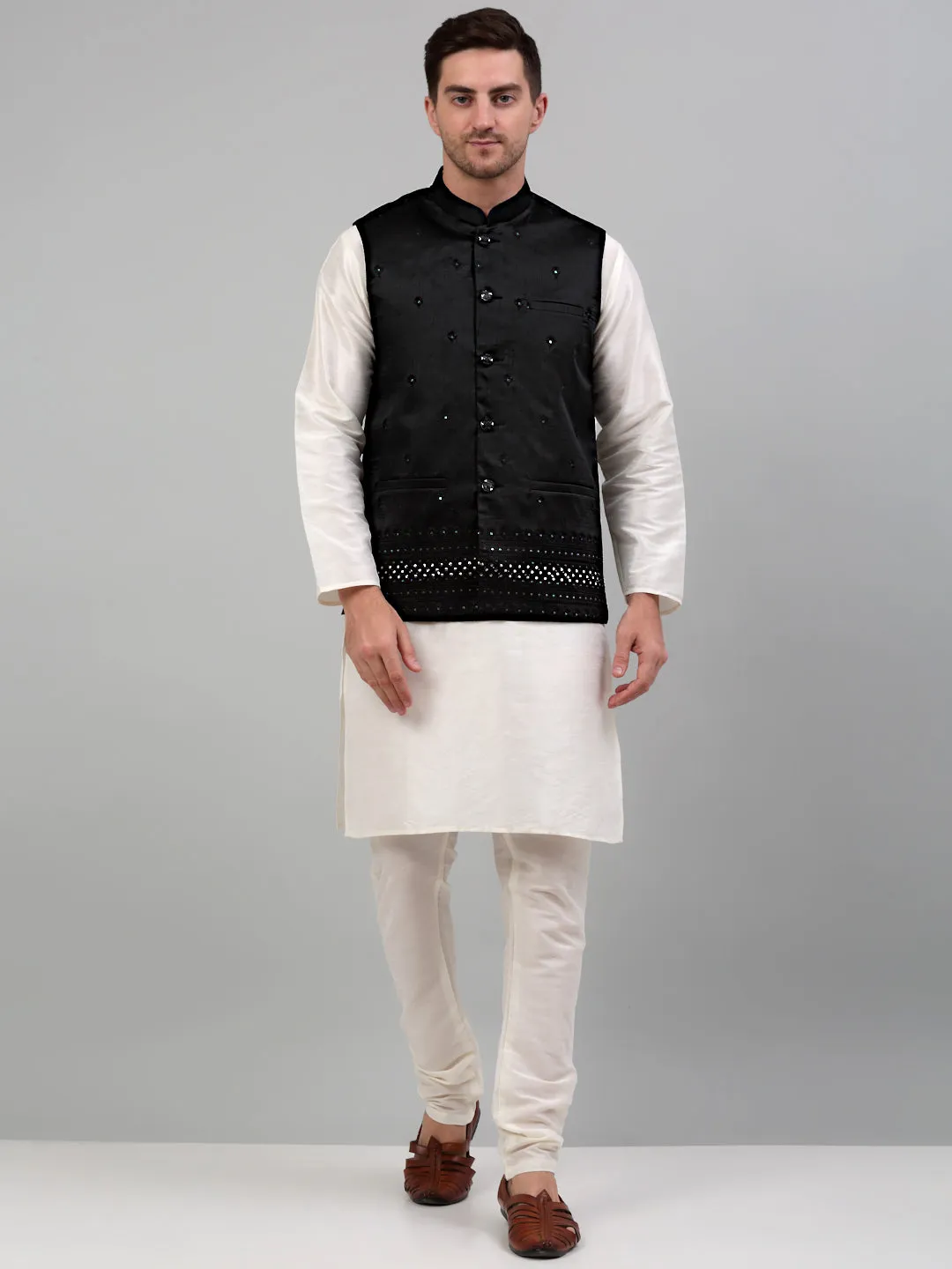 Men's Embroidered Nehru Jacket With Solid Kurta Pyjama Set.