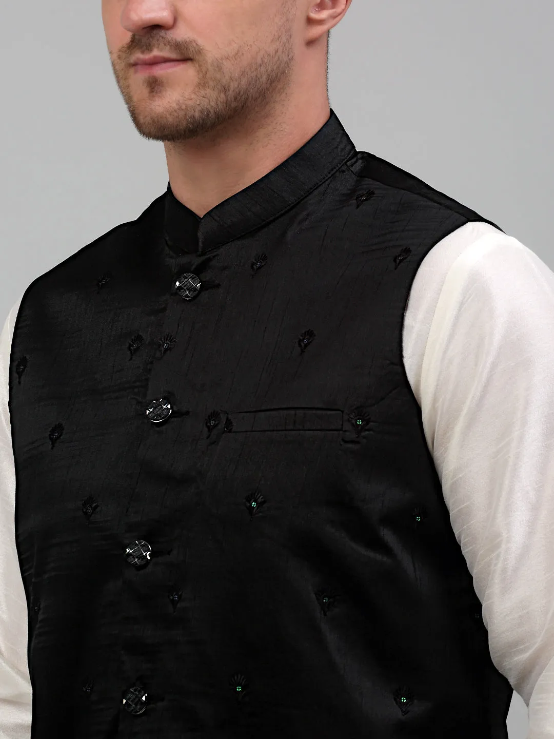 Men's Embroidered Nehru Jacket With Solid Kurta Pyjama Set.