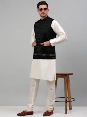 Men's Embroidered Nehru Jacket With Solid Kurta Pyjama Set.